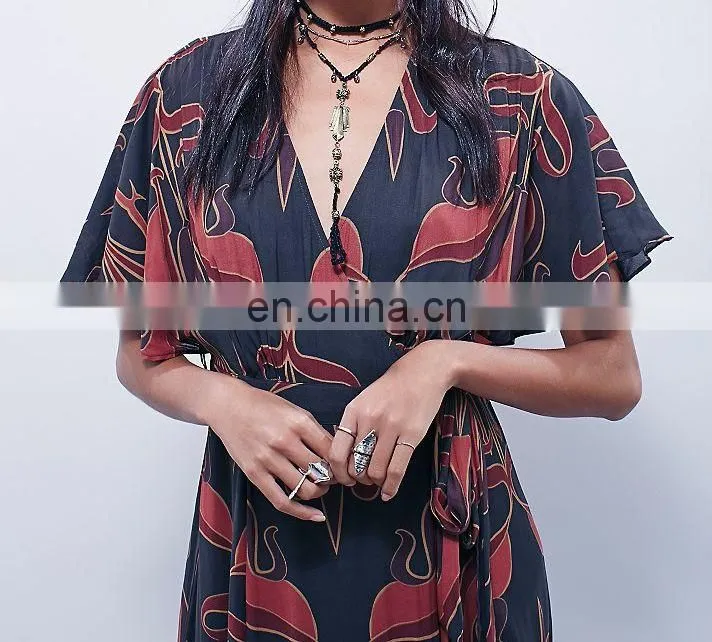 High quality deep v neck maxi wrap dress lady, long print wrap dress