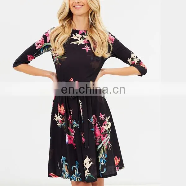 Oem women dresses 3/4 sleevefloral print girls autumn dress names with pictures
