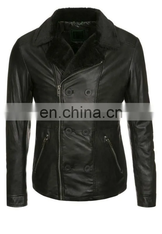 Men High quality Double press jacket with fur collar/ leather fashion jacket