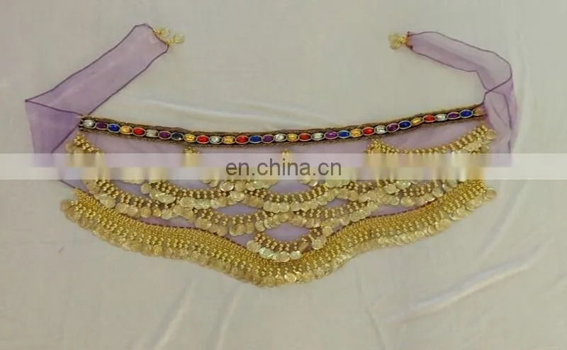 High quality Organza gold coin belly dance hip scarf with gradient color Y-2053#