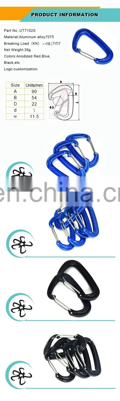 Unitone warehouse 18KN Super D Type With Wire Gate Use For Hammock or Wild Sports Aluminum Caribiner