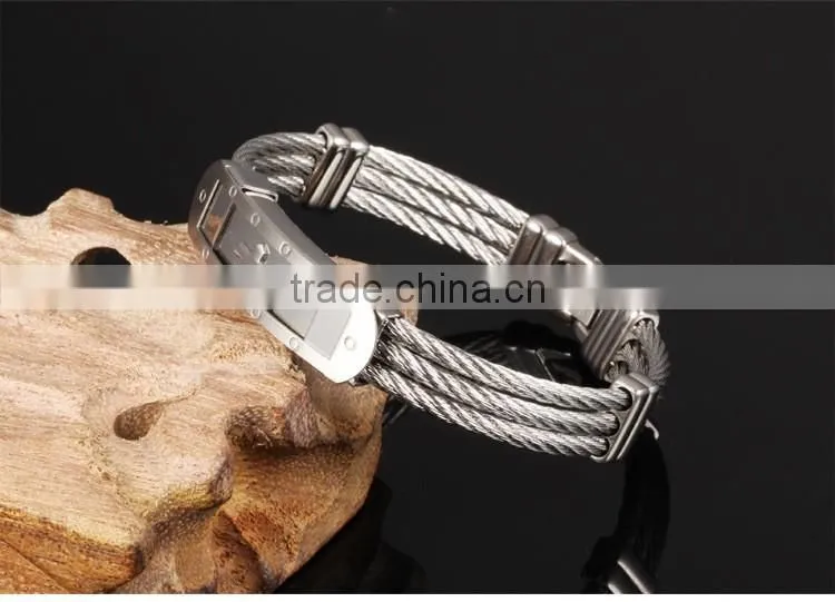 Wholesale Titanium steel man Bangles Three rows between steel wire armoured gold bracelet with cross