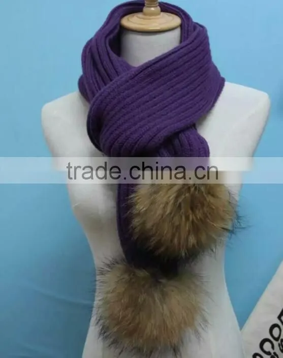 2016 Winter Newest Fashion 100% Real Raccon Fur Pompom Wool Knitted Women Crochet Scarf