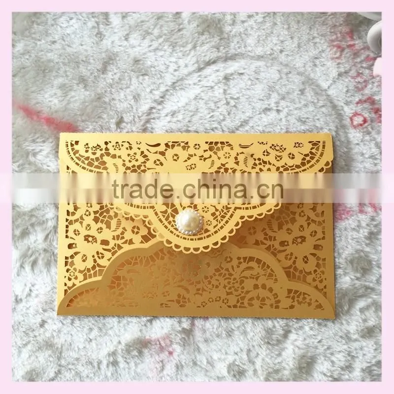 2016 Hot Sale Customized flower style Manufacturer Colorful with beads Pocket Fold Wedding Invitation card greeting cards