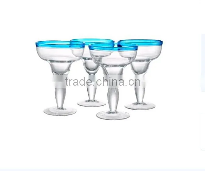 Customized glassware producer blue and yellow rim margaret glass manufacture high quality