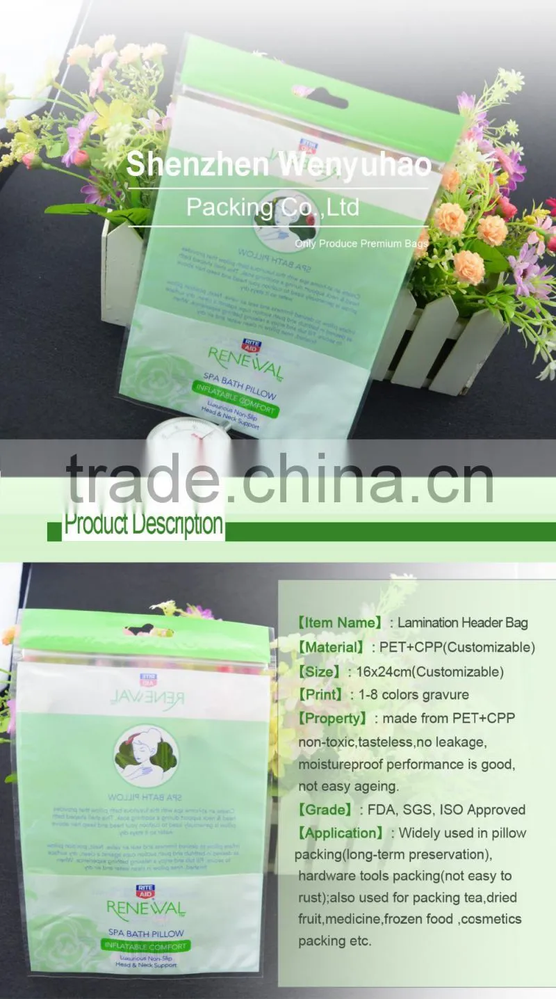 high quality factory wholesale PET+CPP 2 layers lamination header spa bath pillow packingbag with hanging hole