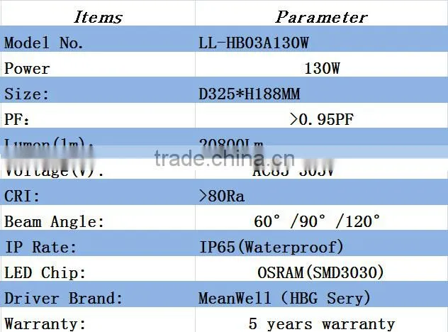Hanging hook base 120 degree UFO 120w led highbay light