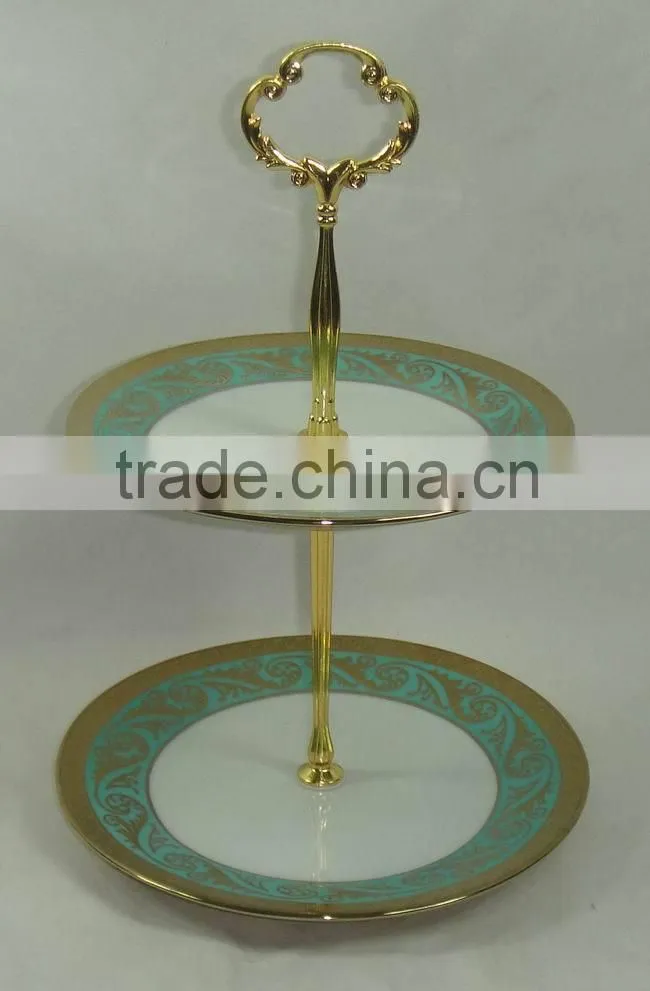 2 tier Cake Plate / ceramic plate 2 tier cake stands with handle gold or silver for fruit ,bread and cake