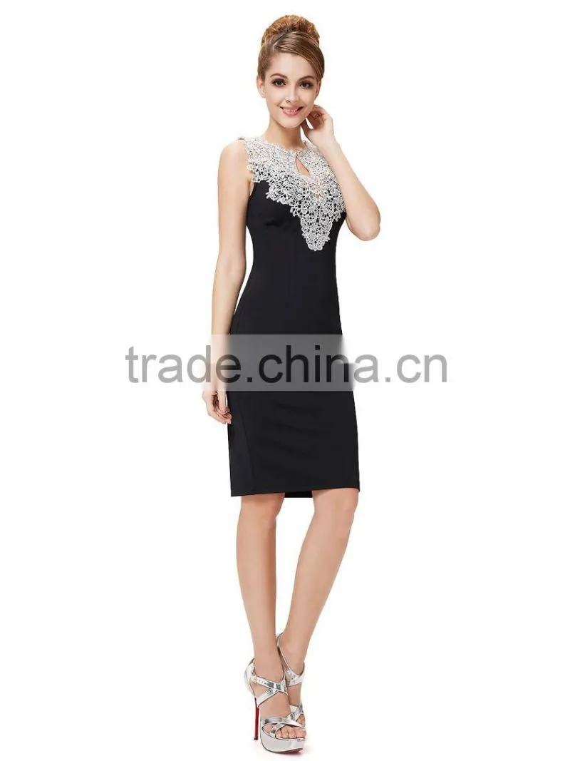 New arrival Women evening wear sleeveless navy blue bodycon dress with lace trims