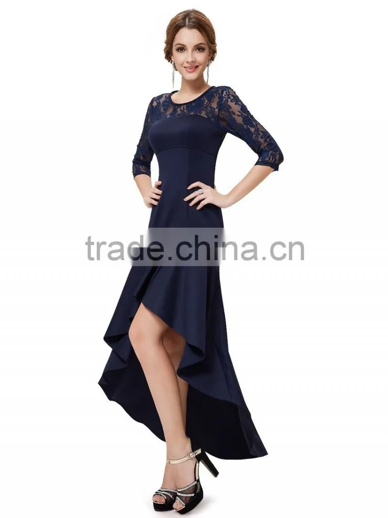 Woman new fashion design long prom dress europe style, 3/4 lace sleeve and high-low hemline see-through free prom dresses