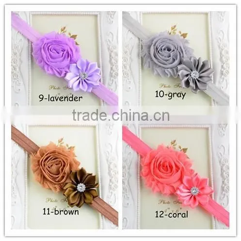 Solid grosgrain ribbon headwear, Kids Girl chiffon Flower Headband Elastic Hair Band hair tie mixed colors