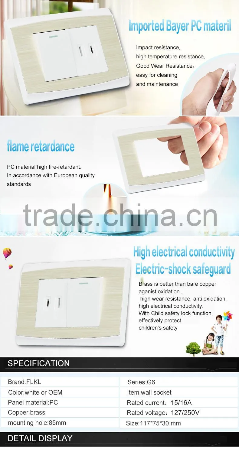 wall mount power electrical 1 gang 2 pin multi lighting switch socket outlet and plug with lighting indicator