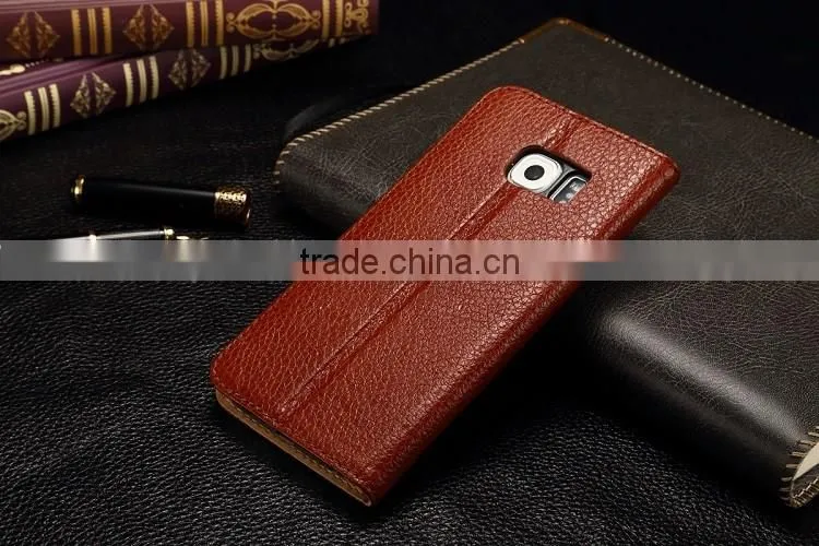 Genuine Leather Cover Window Display Stand Phone Flip Case For Samsung Galaxy S6 Edge