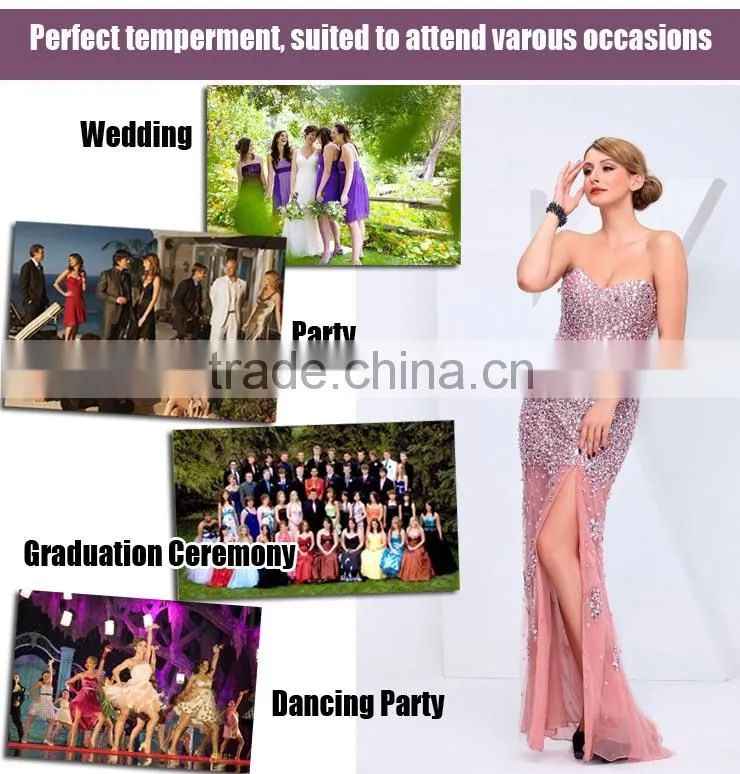 2014 Latest design off-shoulder sexy high slit pink evening dress celebrity evening dress