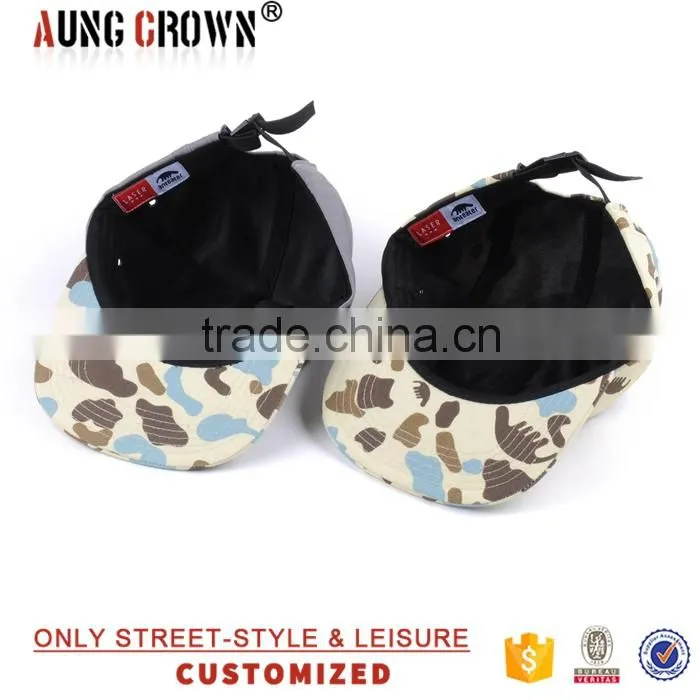 Flat brim 5 panel woven label custom fabric 5 panel camp cap