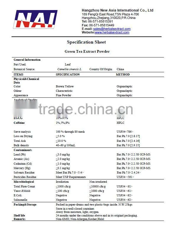 Green Tea Extract,Polyphenols 20%-98%,EGCG 10%-95%, Catechins 10%-90%,100% ID,Low Contaminants of Aflatoxin,PAHs,Non-Irradiation