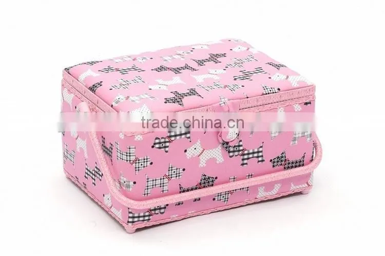 Dog Print Wooden Sewing Tool Basket w/ Accessories
