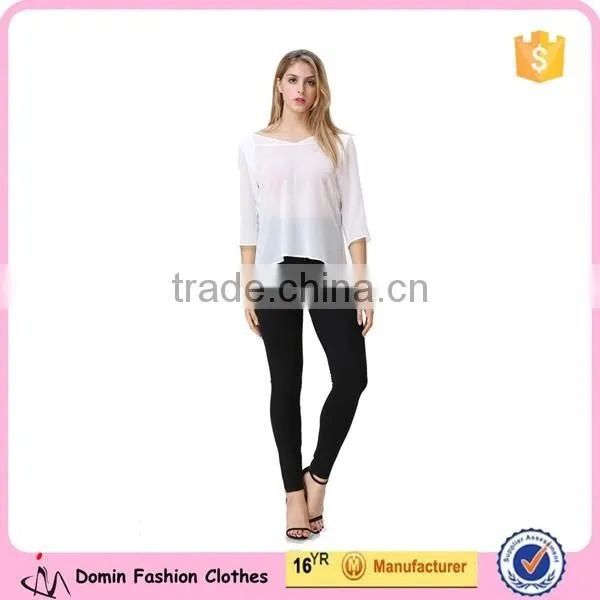 See-through White Chiffon Three Quarter Sleeve Casual Loose Blouse/Top for Ladies/Women