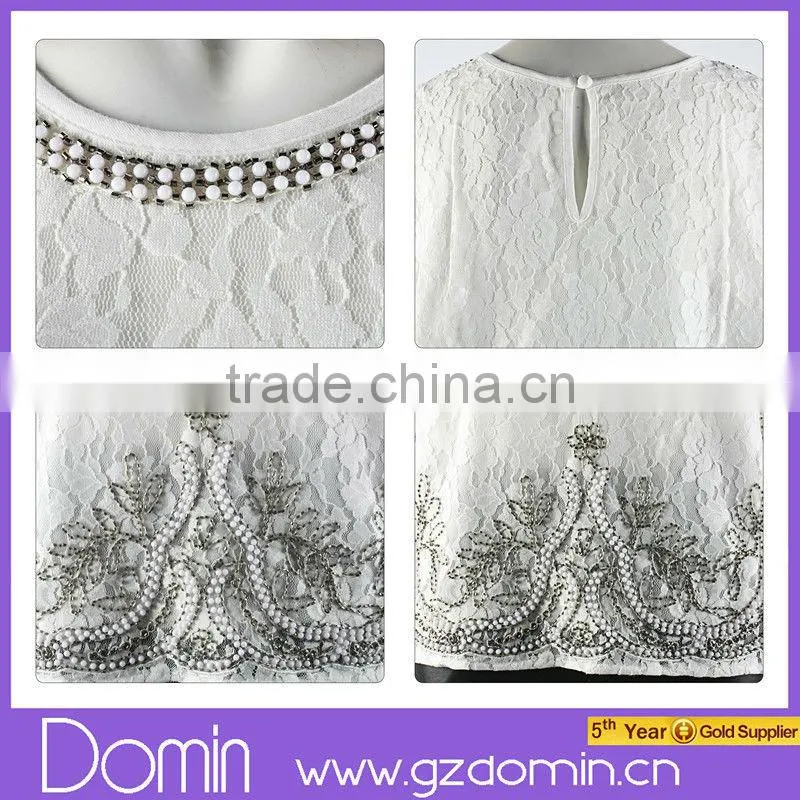 Fashion Beaded Neckline Design Sleeveless Embellished Women Lace Beaded Top
