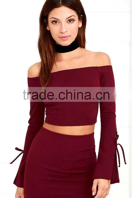 2017 Two piece set women clothing off the shoulder long sleeves top and slim skirt