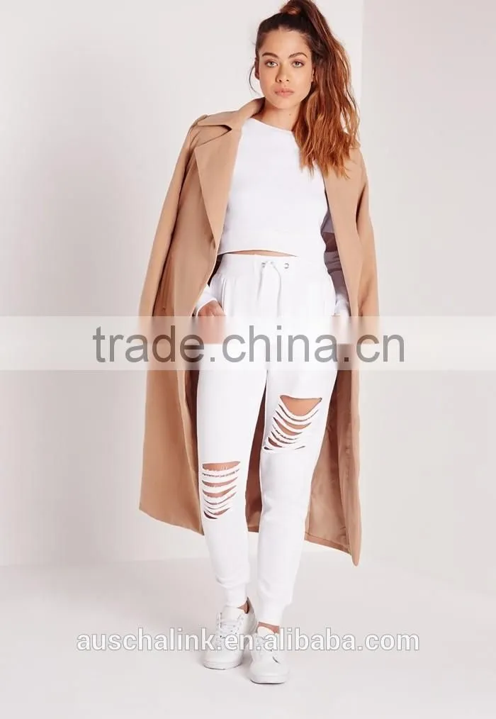 OEM service fashion cheap white ripped front jogger pants
