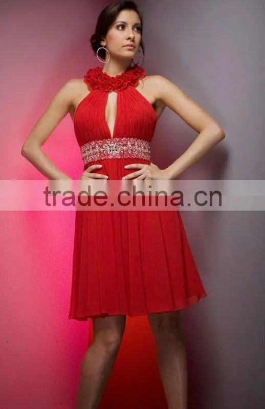 red chiffon halter patterns for short dress