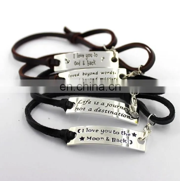High quality stainless steel jewelry fashion bracelet customerized engrave messages leather bracelet