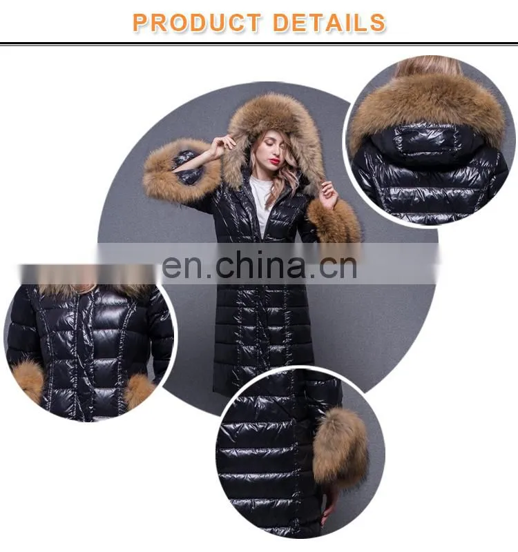 Heavy fur collar custom fashion style warm feather inside hood down jacket for winters