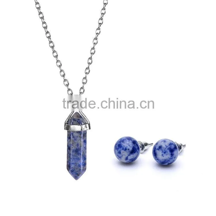 Big Promotion Rose Quartz Natural Stone Bullet Wire Necklace Earrings Jewelry Set SMJ0169