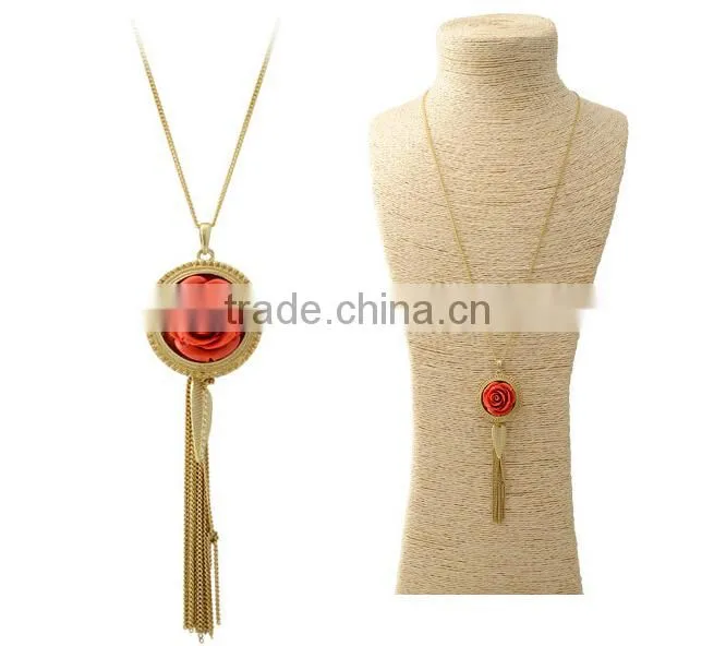 Red green black resin flower blossom pendant with alloy tassel necklace