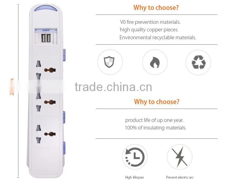 3 ways universal with 2USB Extension Socket