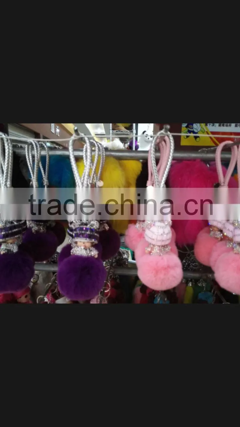 Hot selling rabbit fur accessories monchhichi leather keychain fur pompoms