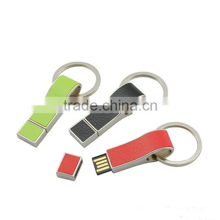 2015 new different colors leather pen drive with keyring