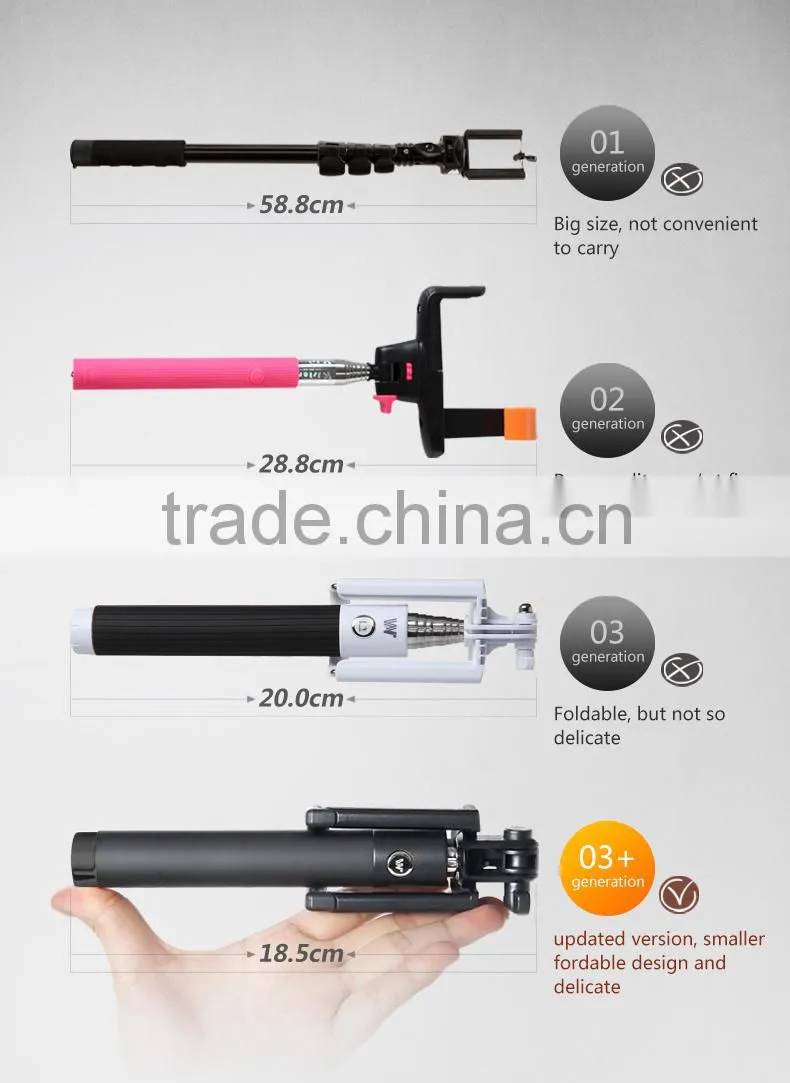 Colorful portable extendable mini selfie stick with bluetooth