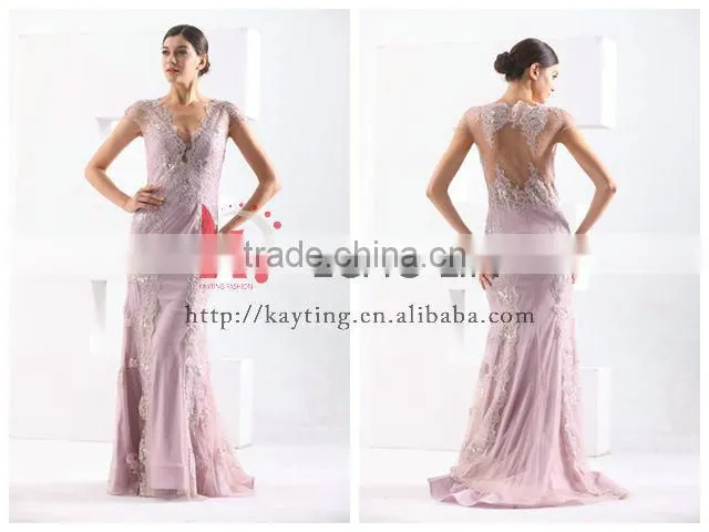 Gorgeous V-neck Cap Sleeve Pretty Appliqued Beaded Sequins Real Sample Prom Dress