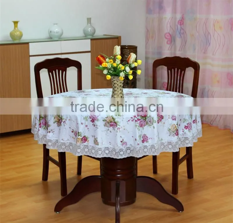 2016 newest flower printed pattern pvc/peva vinyl tablecloth/cover with waved/lace edge
