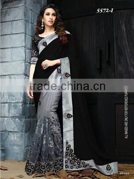Designer Velvet Blouse and Red and Black color Womaniya Designer Sarees Collections