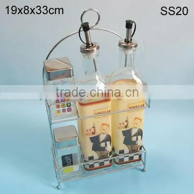 glass spice bottle/glass bottle for oil or vinegar with metal stand