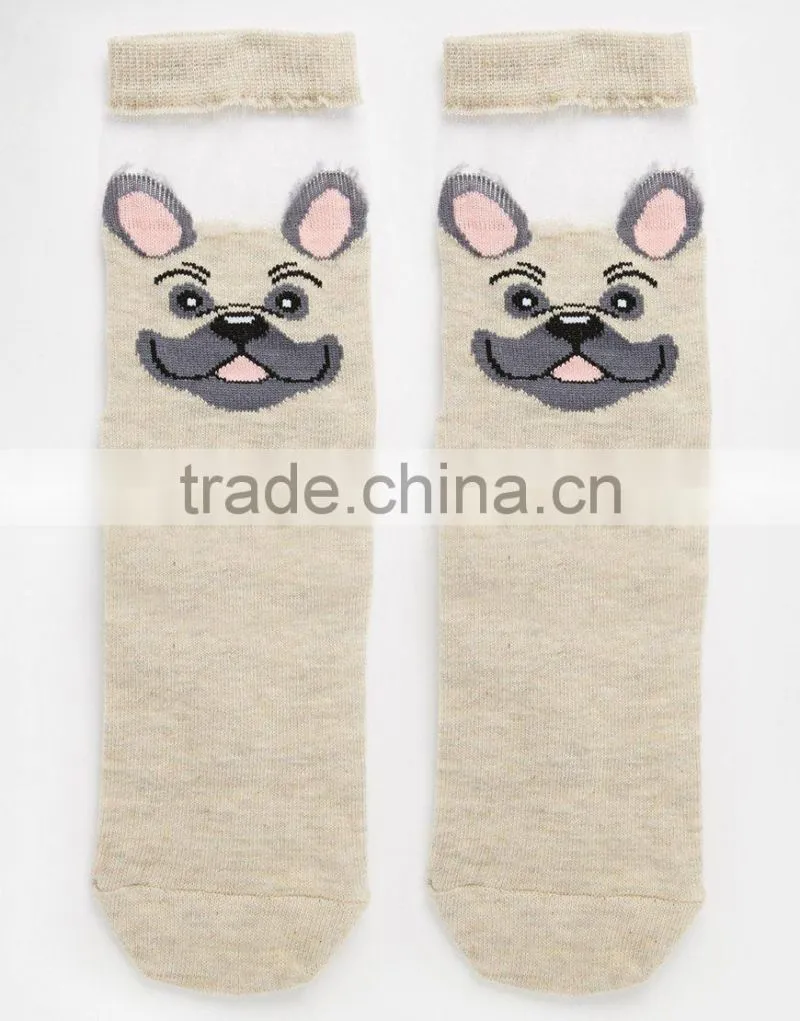 custom wholesale pug sheer panel socks ribbed cuff opening socks