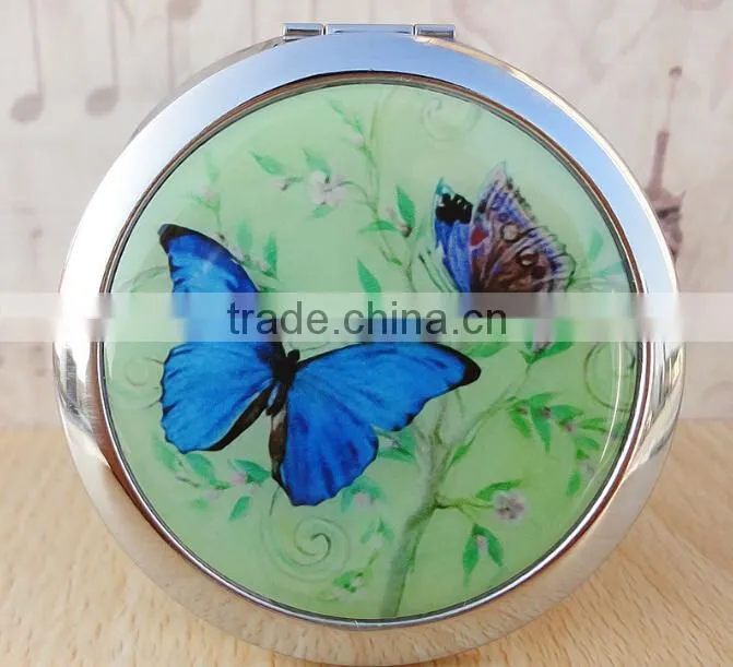 7cm Round Cosmetic Purse Compact Makeup Handbag Mirror with Butterfly
