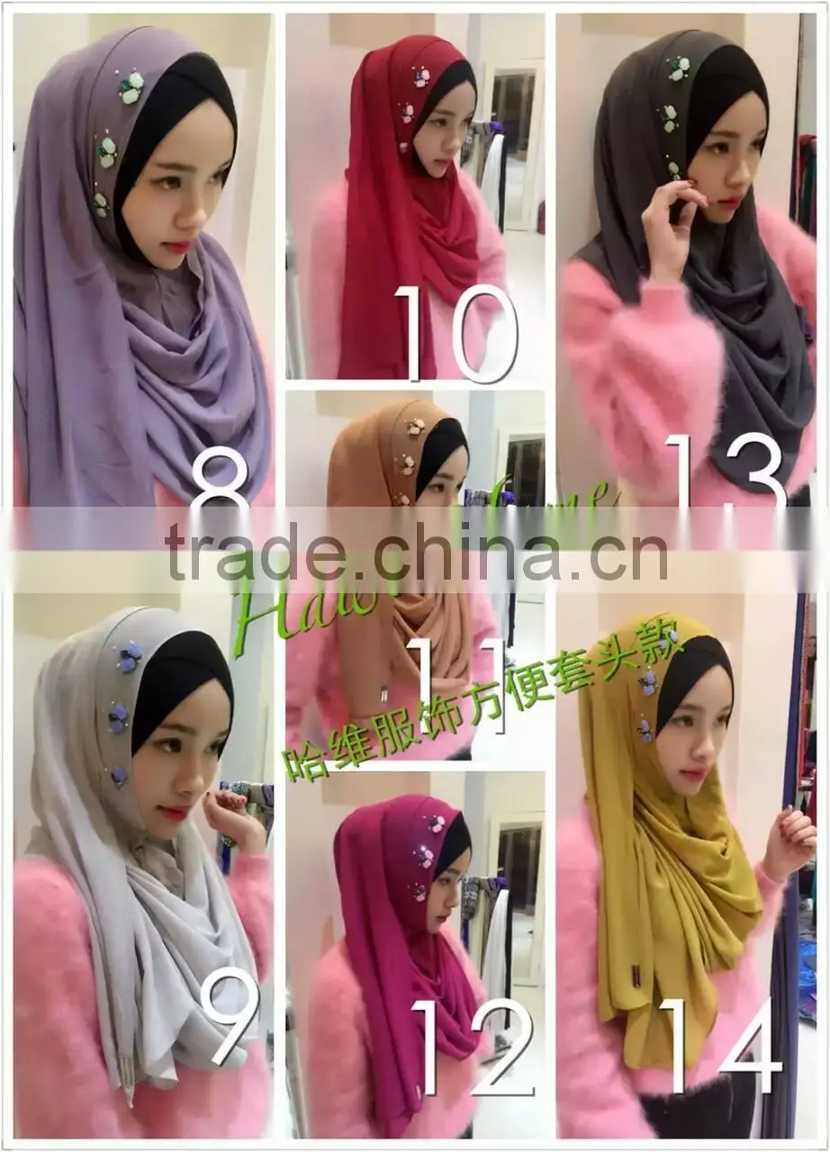 20COLORS popular senior chiffon instant headscarf handmade beading women's islamic scarf