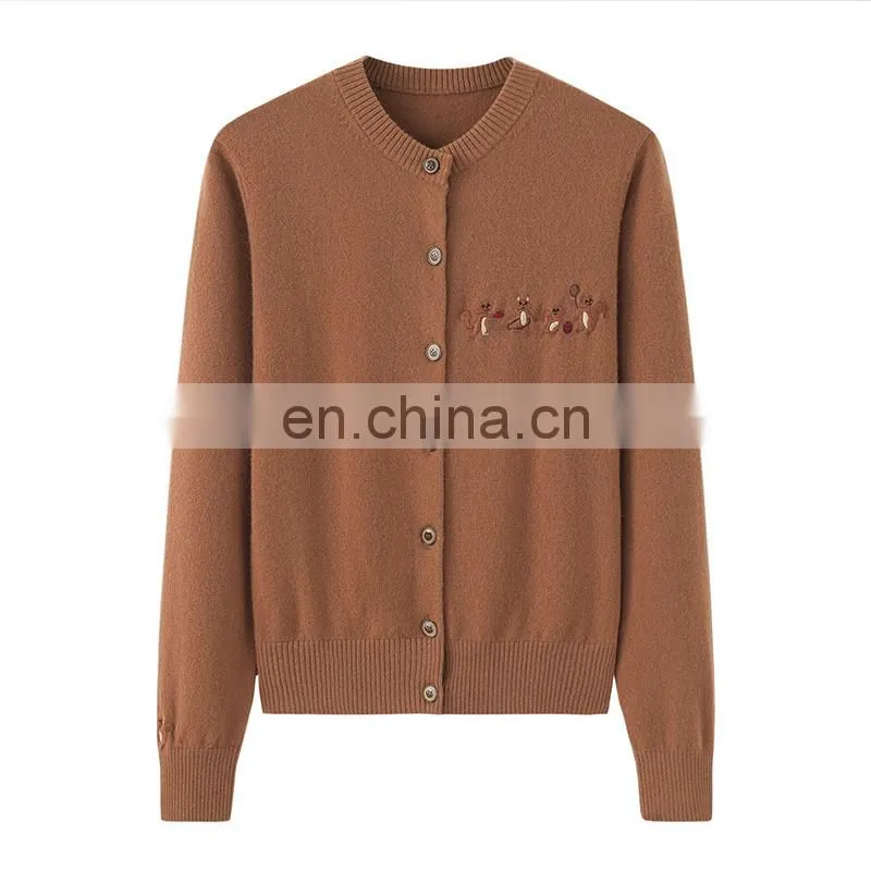 Custom 100% Cashmere Women's Button Knitted Cardigan New Casual Logo Design Crew Neck Single Breasted Closure Animal Winter