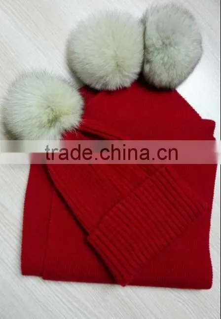 2016 Winter Newest High Quality Knitted 100% Real Racoon Fur Pompom Hat and Scarf Set