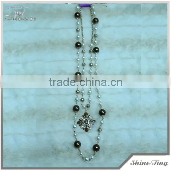 long chain navy blue pearl necklace with alloy pendant for women