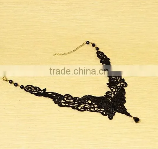 Gothic Steampunk Black Lace Collar Necklace Beads Tassel Choker Necklace Jewelry