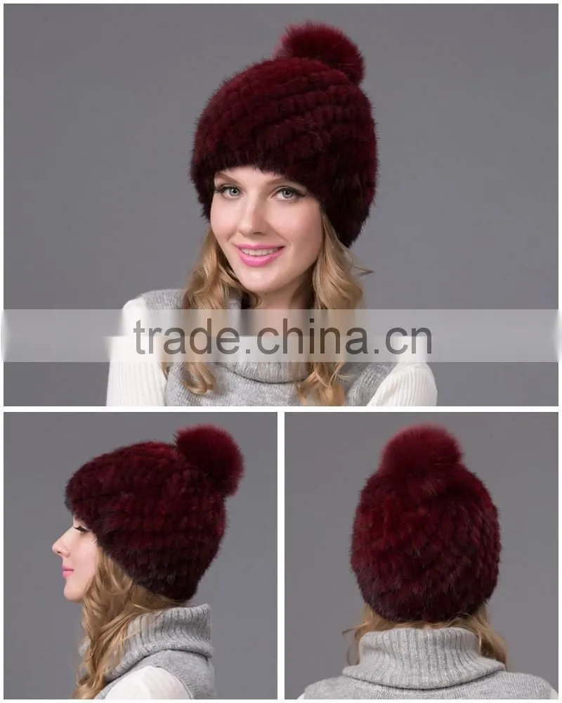 Winter rabbit fur pompom hat brown women mink fur hat knitted mink hat