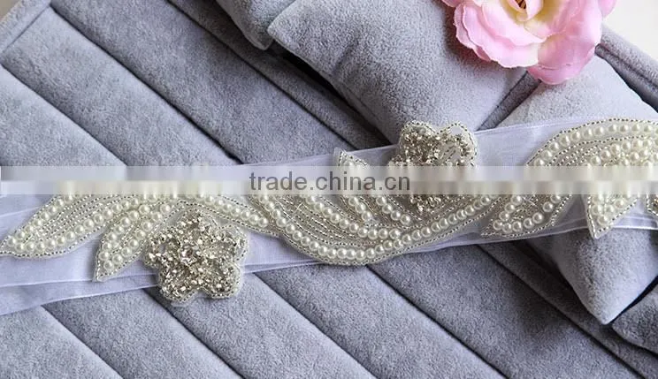 Wholesale beaded wedding accessory rhinestone pearl bridal sash jewelry applique WA003