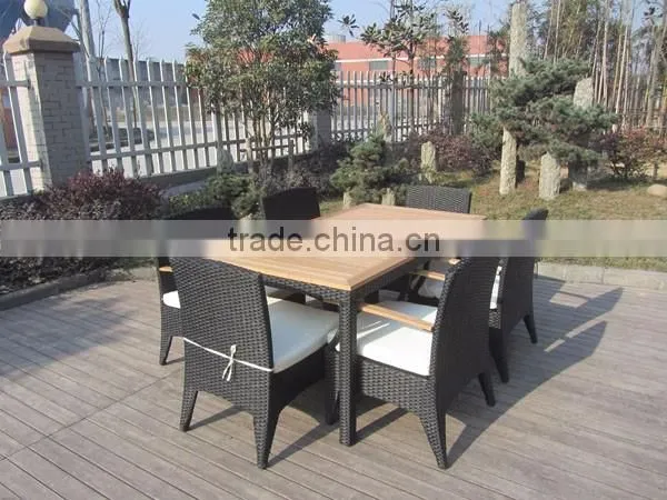 Wood Dining Table 6 Chairs Set Poly Rattan Material
