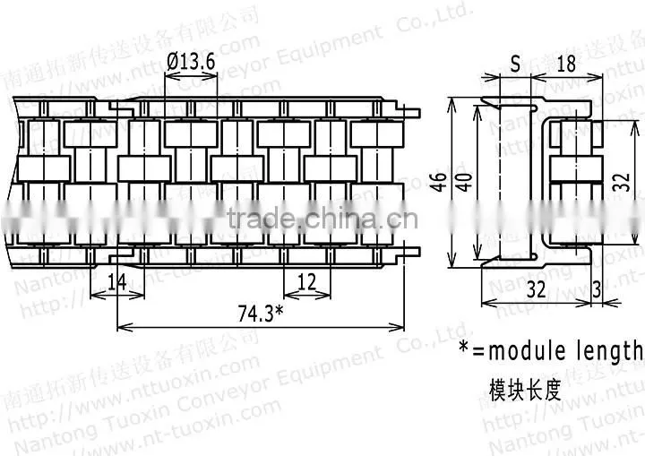 S9 Modular Conveyor Chain Sideflexing Roller Side Guide