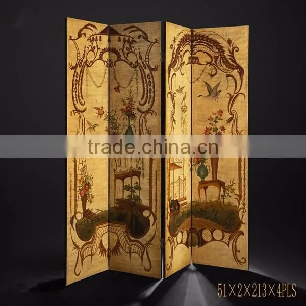 Arabian Furniture Traditional Hand Painting Four Panel Folding Screen, Retro Art Painting Wooden Floor Screen